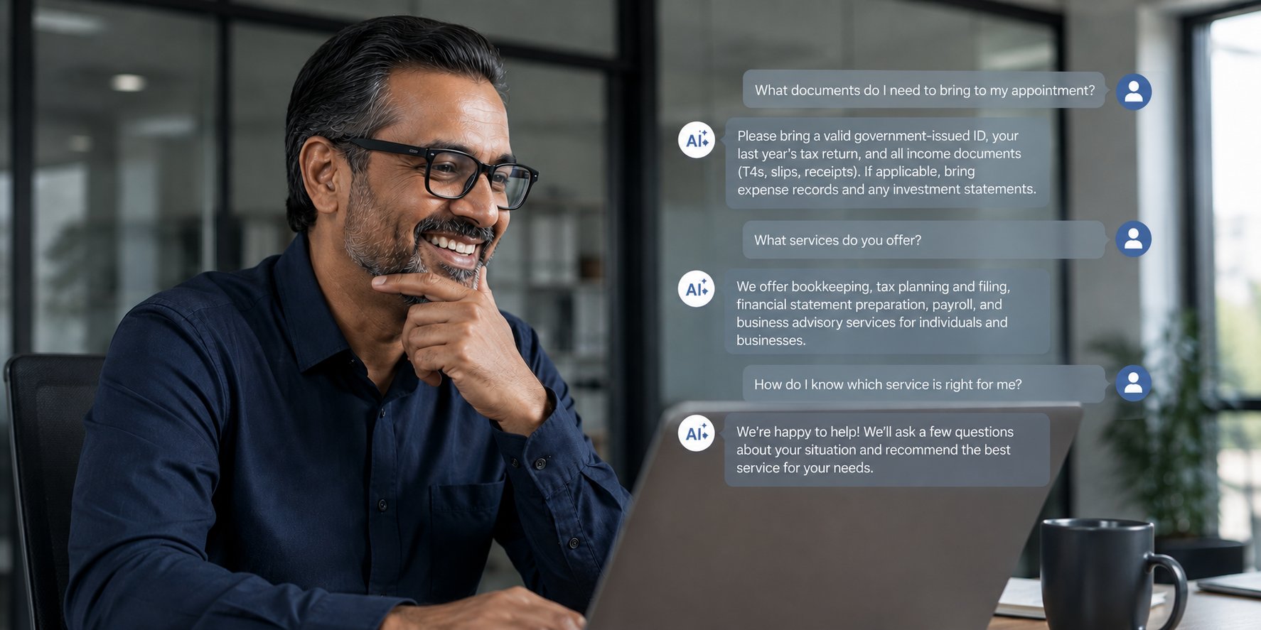 Canadian accountant at laptop with AI chat assistant answering client questions about tax documents and services
